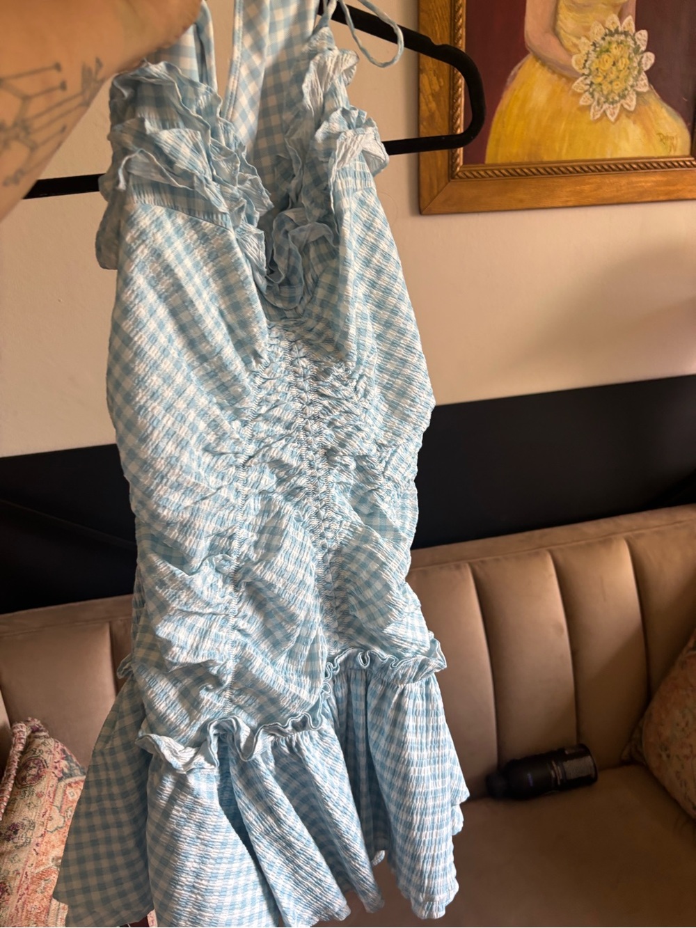Selkie Light Blue Gingham Ruffled Halter Swim Dress - Picture 5 of 8